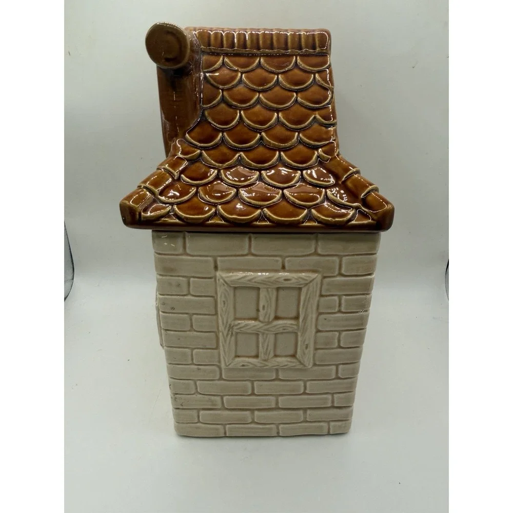 Vintage Japan Ceramic Cottage Cookie Jar Girl Brown Roof House Canister